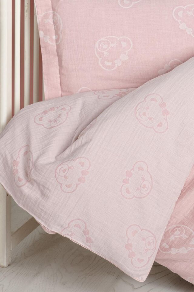 Kanz - Jakarlı Müslin Bebek  Nevresim Tk(knz-013) 152.01.0247.Bearpembe---
