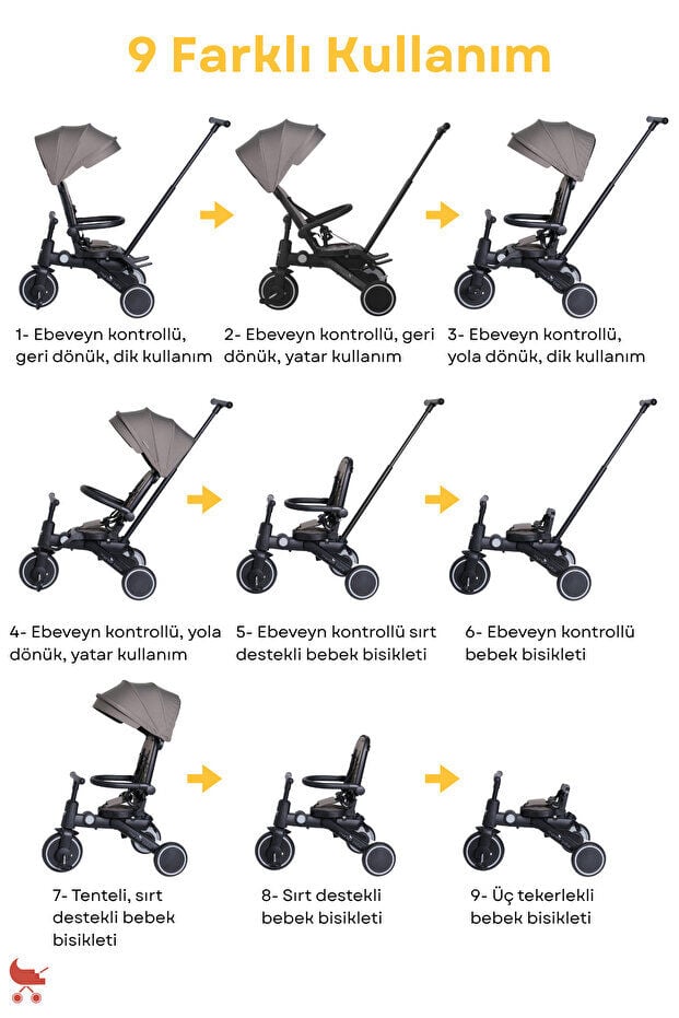 Merkür Bebe 9in1 Hawk Çift Yönlü Katlanabilir Yatabilir Ayak Destekli Üç Tekerlekli Bebek ve Çocuk Bisikleti Siyah
