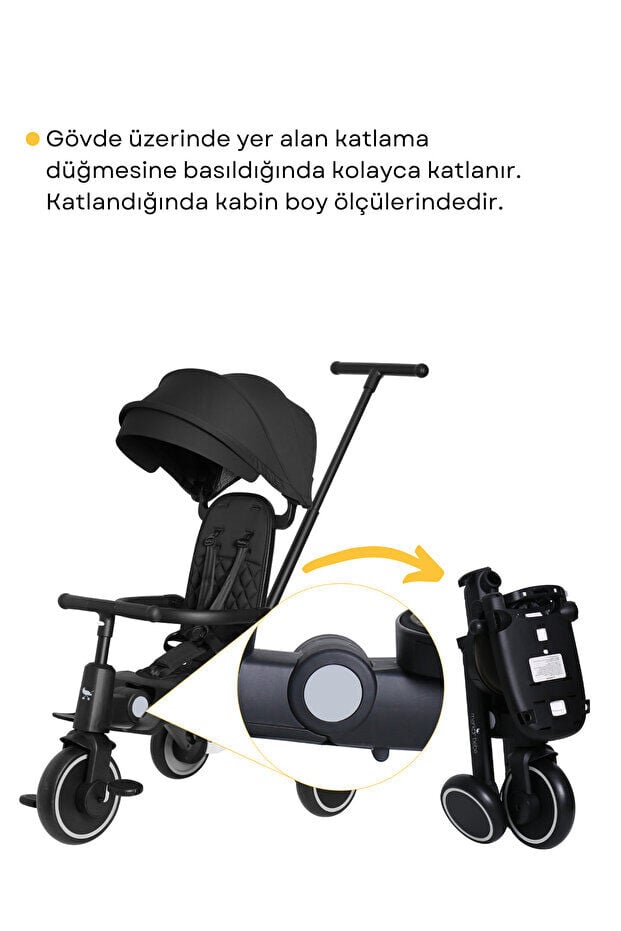 Merkür Bebe 9in1 Hawk Çift Yönlü Katlanabilir Yatabilir Ayak Destekli Üç Tekerlekli Bebek ve Çocuk Bisikleti Siyah