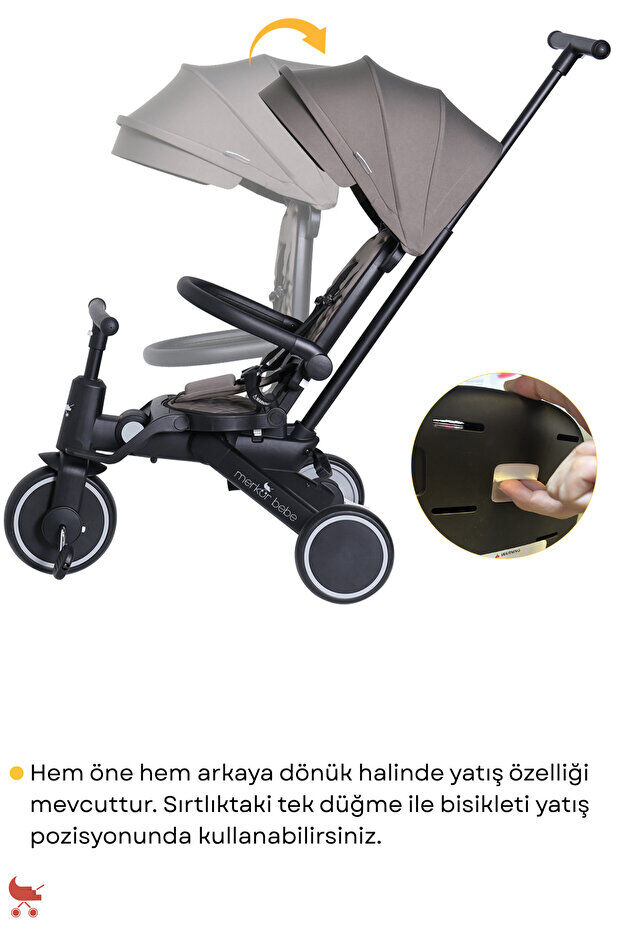 Merkür Bebe 9in1 Hawk Çift Yönlü Katlanabilir Yatabilir Ayak Destekli Üç Tekerlekli Bebek ve Çocuk Bisikleti Gri
