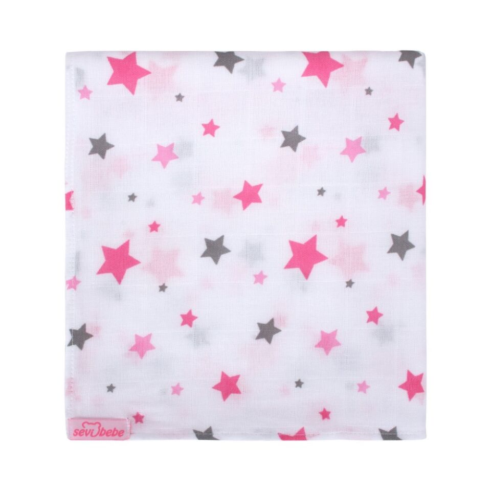 Sevi Bebe Desenli Müslin Battaniye 120x100 cm - Yıldız Yağmuru Pembe 319-140-2