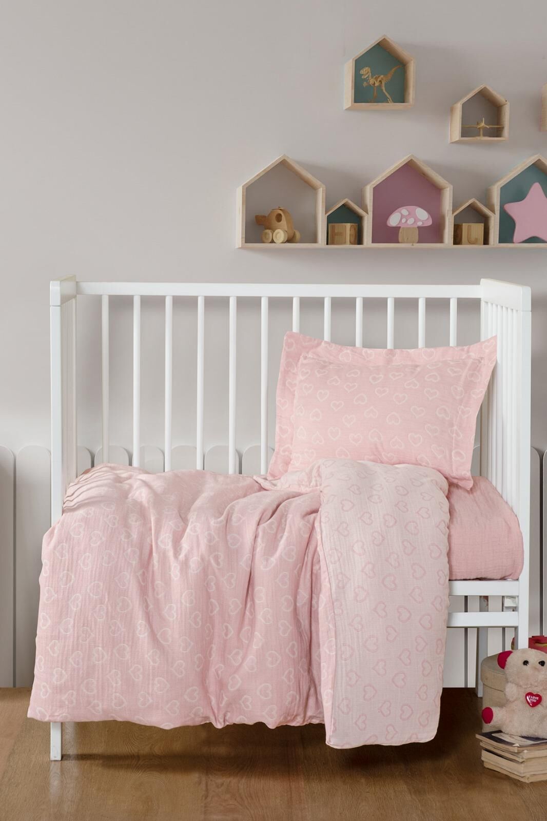 Kanz - Jakarlı Müslin Bebek  Nevresim Tk(knz-013) 152.01.0247.Heartpembe--