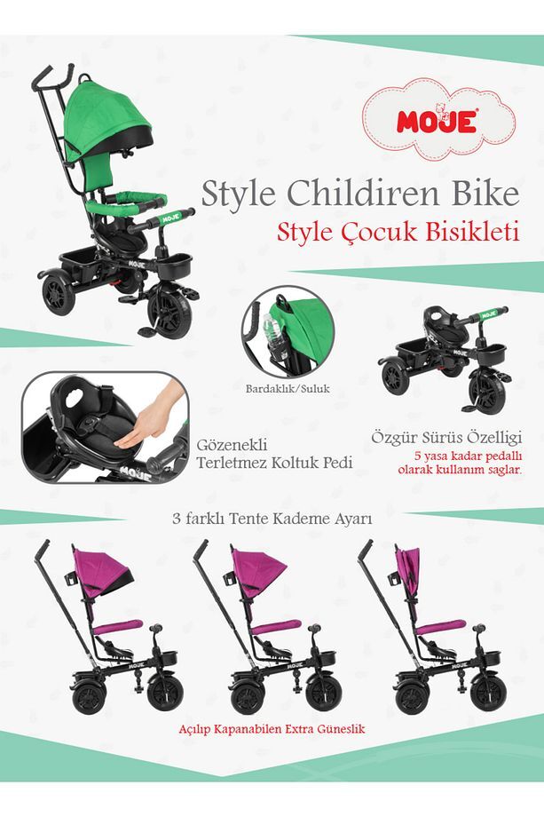 Moje Style Ebeveyn Kontrollü Tenteli Üç Tekerli İtmeli Bisiklet Pembe