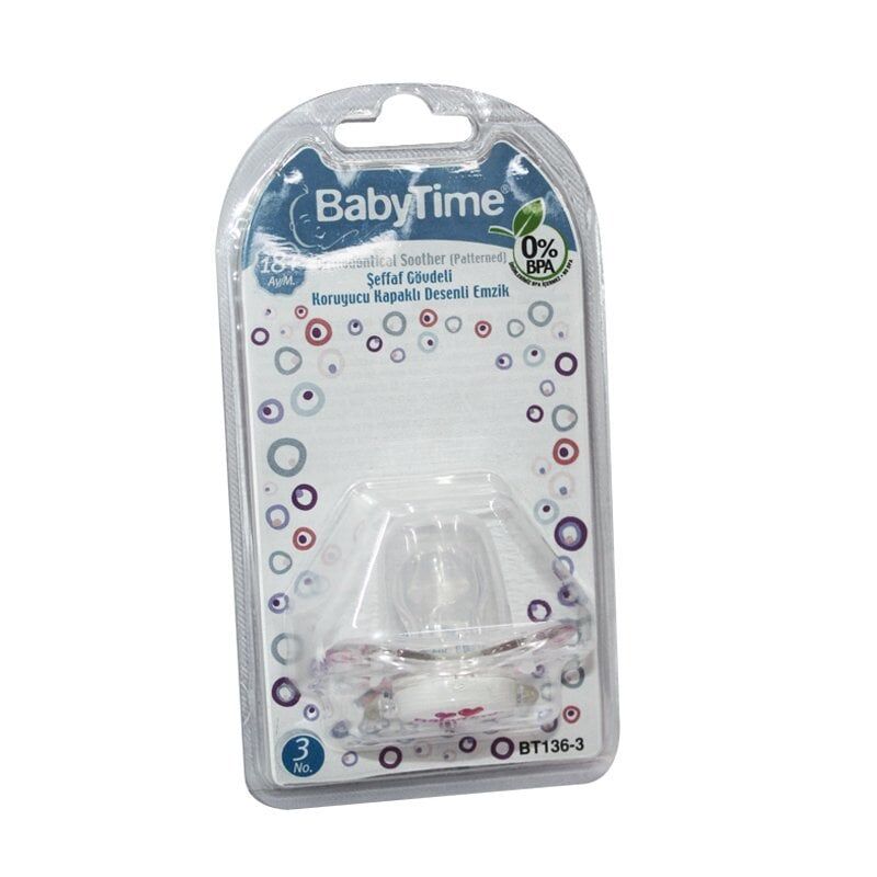 BabyTime Silikon Damaklı Koruyucu Kapaklı Şeffaf Gövdeli Desenli Emzik  N.3 BT136-3