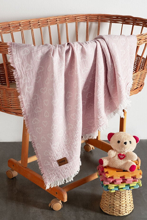 Kanz Bebek 2 Kat Müslin Jakarlı Örtü Knz-029 Heart Pembe
