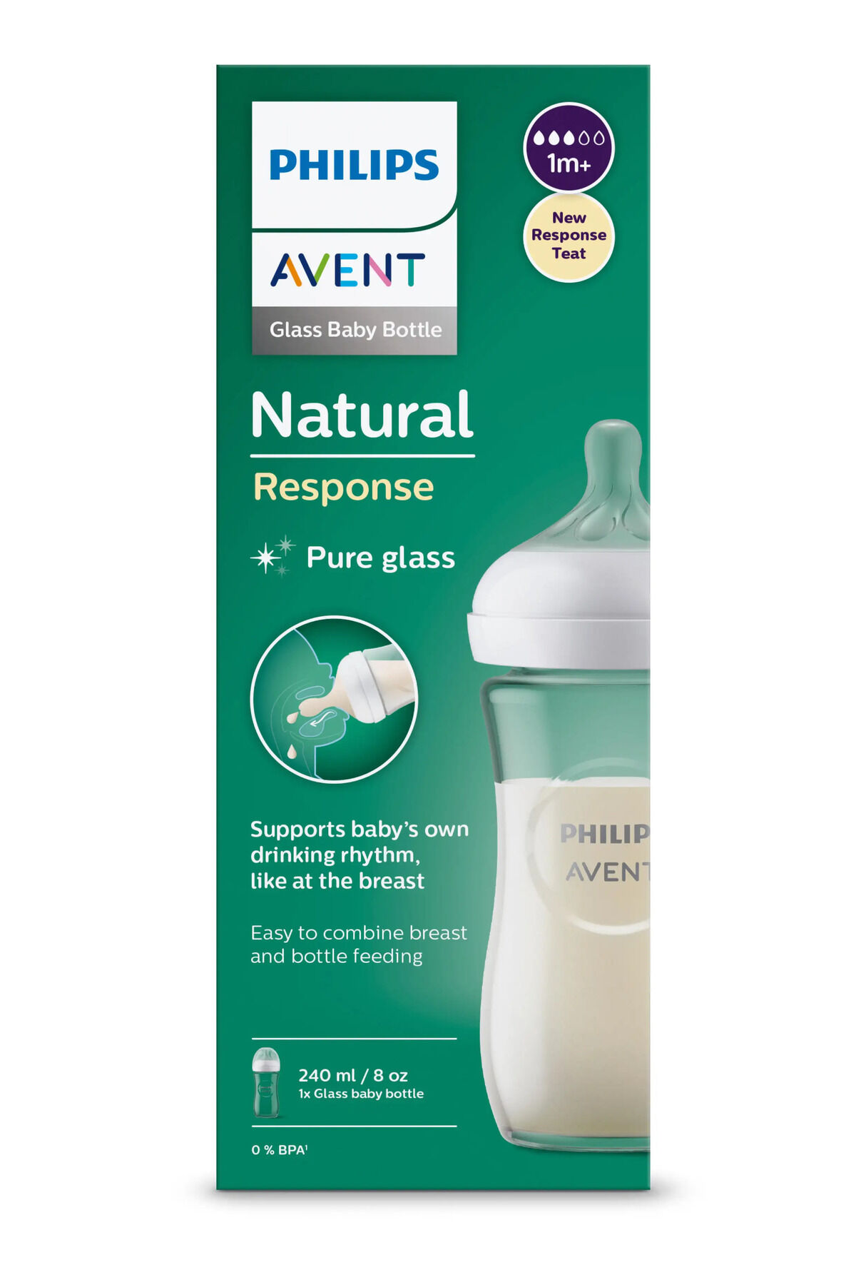 Biberon din sticlă PHILIPS AVENT SCY933/01, Natural Response, 240 ml, debit lent, 1 lună+