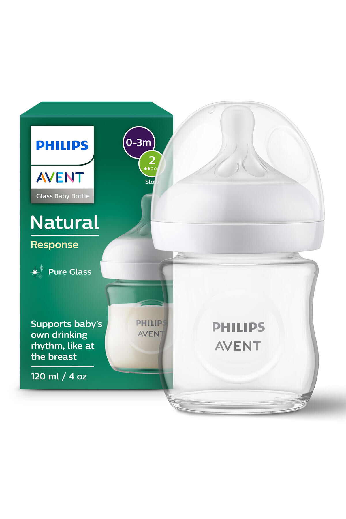 Biberon din sticlă PHILIPS AVENT SCY930/01, Natural Response, 120 ml, debit nou-născut, 0 luni+