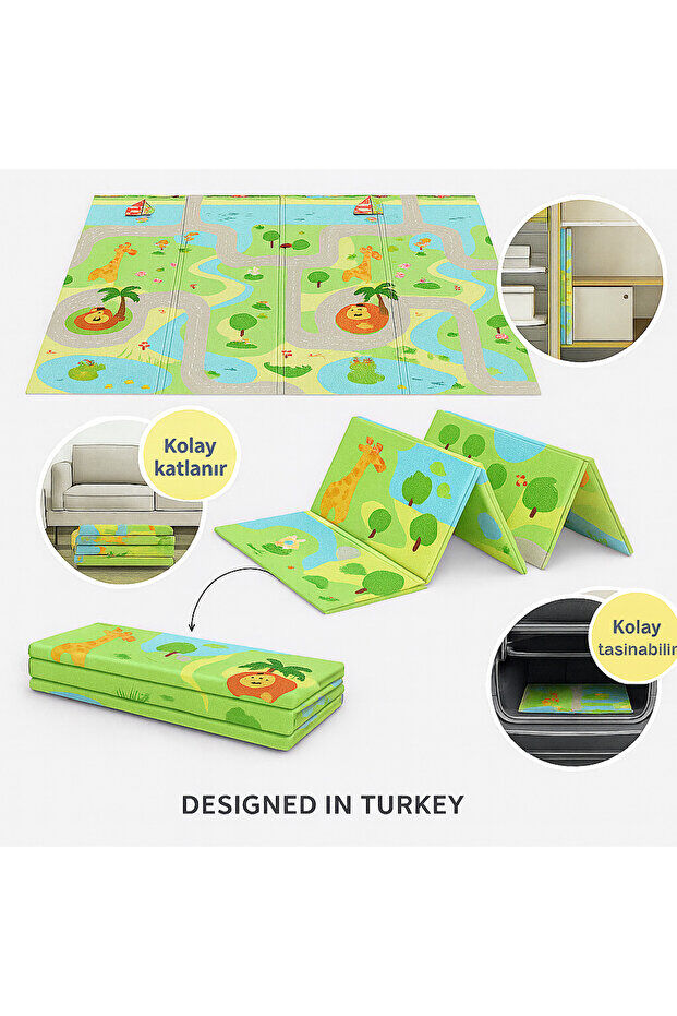 Serin Katlanır Oyun Matı Çift Taraflı 200*130 Yaşil Parkur / Orman Şenliği