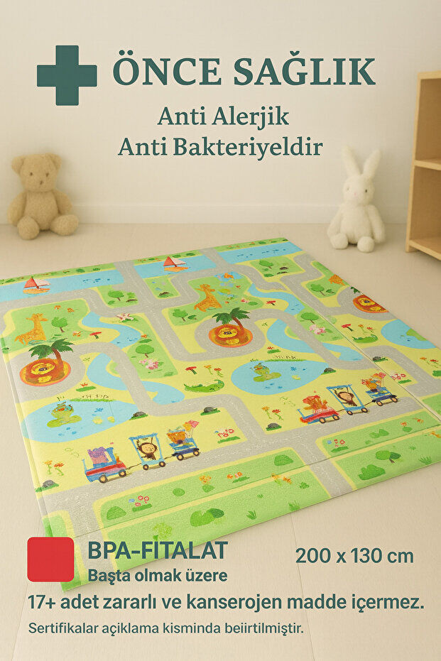 Serin Katlanır Oyun Matı Çift Taraflı 200*130 Yaşil Parkur / Orman Şenliği