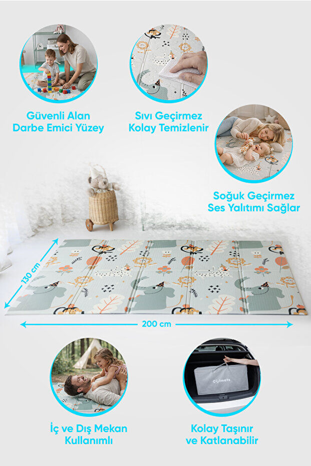 Serin Katlanır Oyun Matı Çift Taraflı 200*130 Yaşil Parkur / Orman Şenliği